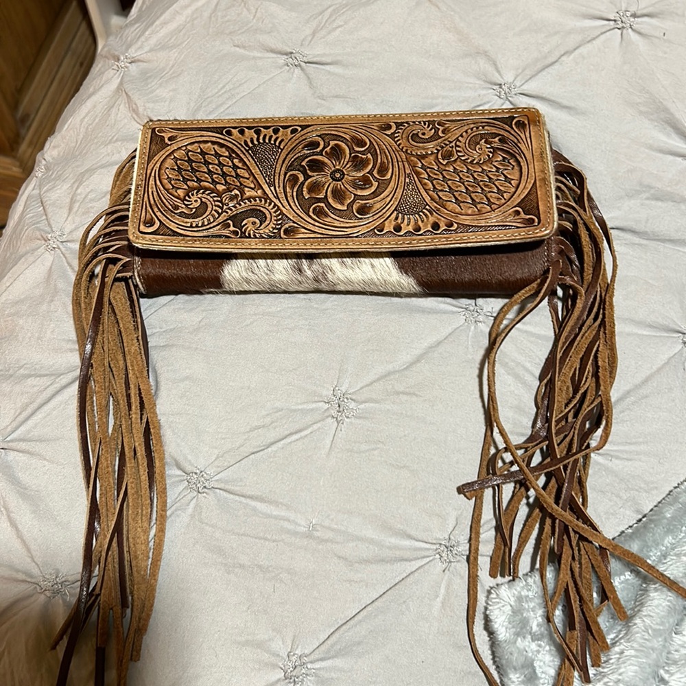 Myra Cowhide Fringe Wallet/Purse with leather tooling